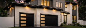black modern steel garage door with windows down one side