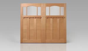 Wooden garage doors with semi-arched windows and a unique design