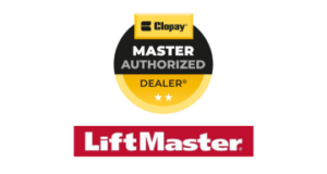 Clopay Master Authorized Dealer logo and LiftMaster logo together