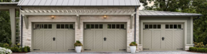 chevron garage doors on home with trellis over garage